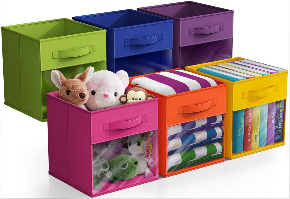 Sorbus 6-Pack Fabric Storage Cubes (11 Inch, Bright Rainbow with Window)