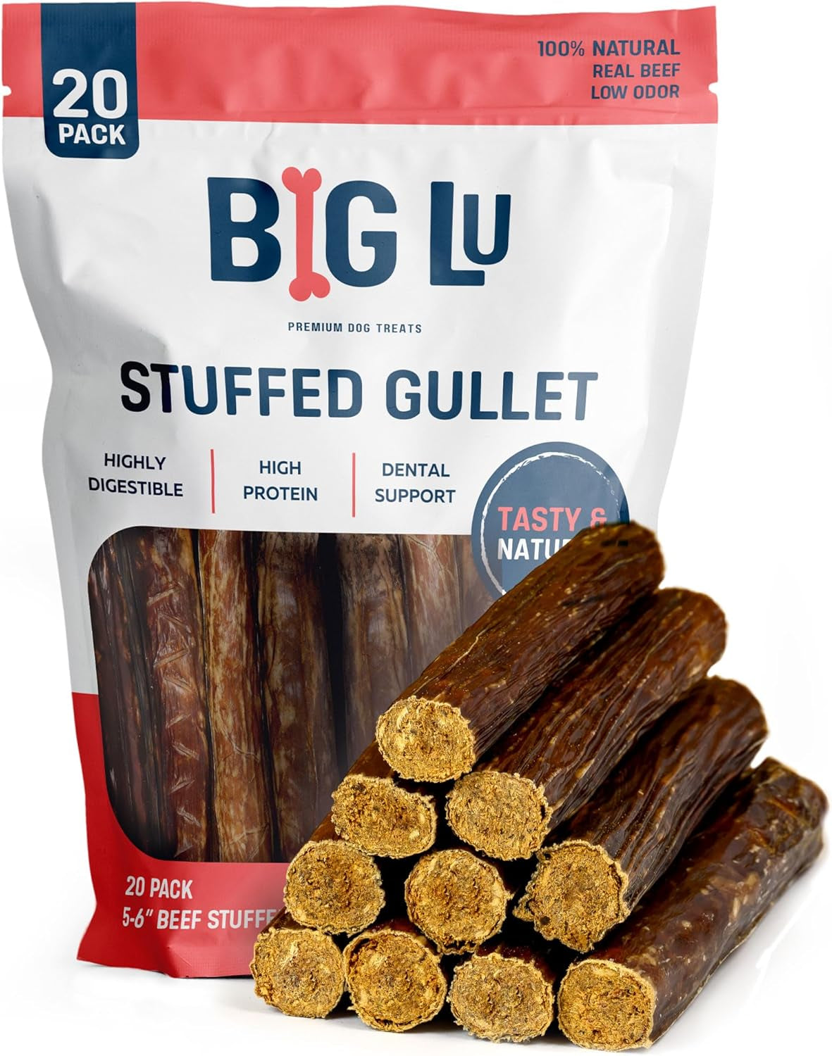 Big Lu - 5-6 Inch Stuffed Beef Jerky Sticks for Dogs, 20 Count, Premium All-Natural Gullet Chews, High-Protein, Easily Digestible, Supports Dental Health and Joint Mobility