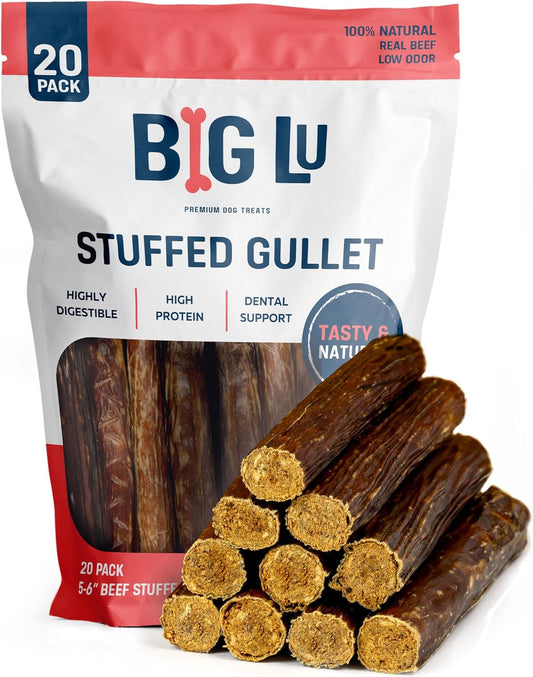 Big Lu - 5-6 Inch Stuffed Beef Jerky Sticks for Dogs, 20 Count, Premium All-Natural Gullet Chews, High-Protein, Easily Digestible, Supports Dental Health and Joint Mobility
