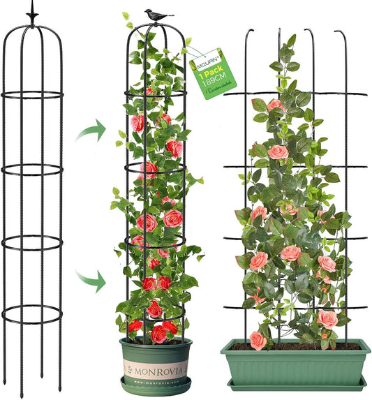 Tower Obelisk Garden Trellis for Climbing Plant，6.2Ft/74.4" Rustproof Metal Potted Plant Climbing Support for Indoor Outdoor Flowers Vegetable Fruits Vines Support （1Pcs）