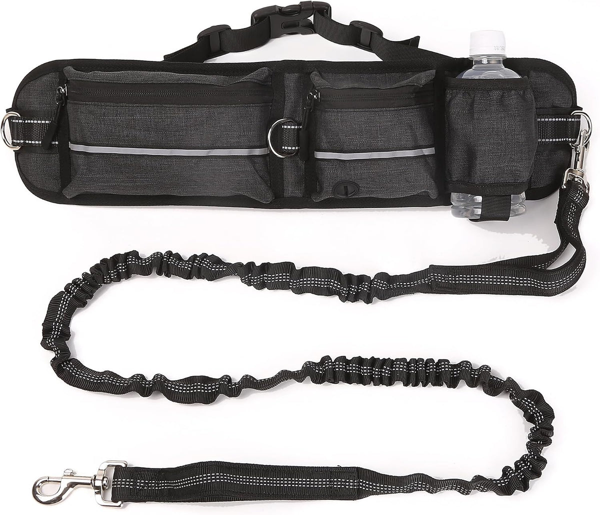 Hands Free Dog Walking Waist Belt Leash with Storage Pouch, Three Spacious Storage Pockets and Heavy-Duty Durable Bungee Cord, Perfect for Outdoor Hiking and Traveling. (Black)