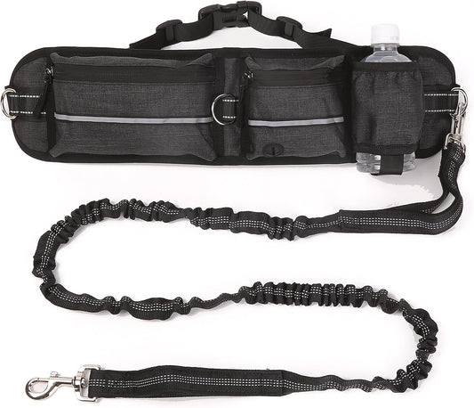 Hands Free Dog Walking Waist Belt Leash with Storage Pouch, Three Spacious Storage Pockets and Heavy-Duty Durable Bungee Cord, Perfect for Outdoor Hiking and Traveling. (Black)