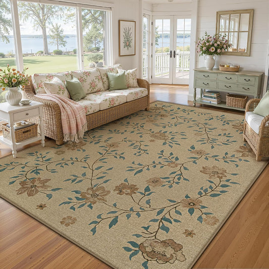 Aoyaomi Easy Jute Rug 8X10 Outdoor Rug: Washable Woven Rug for Living Room Large Floral Area Rug Non-Slip Indoor Outdoor Carpet for Bedroom Farmhouse Dining Room Office Patio (Natural Flower, 8'X10')