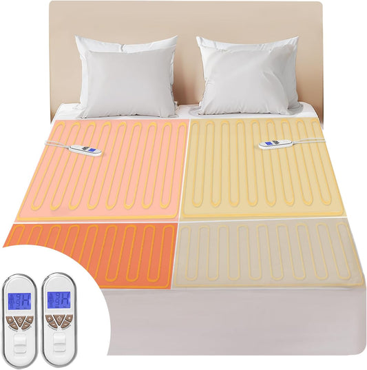 Bwarm Premium Multi-Zone Electric Heated Mattress Pad Queen Size, 60" X 80", Dual Controllers, 9 Heat Settings, 1-12 Hours Auto Off, Individual Body and Feet Settings, Machine Washable