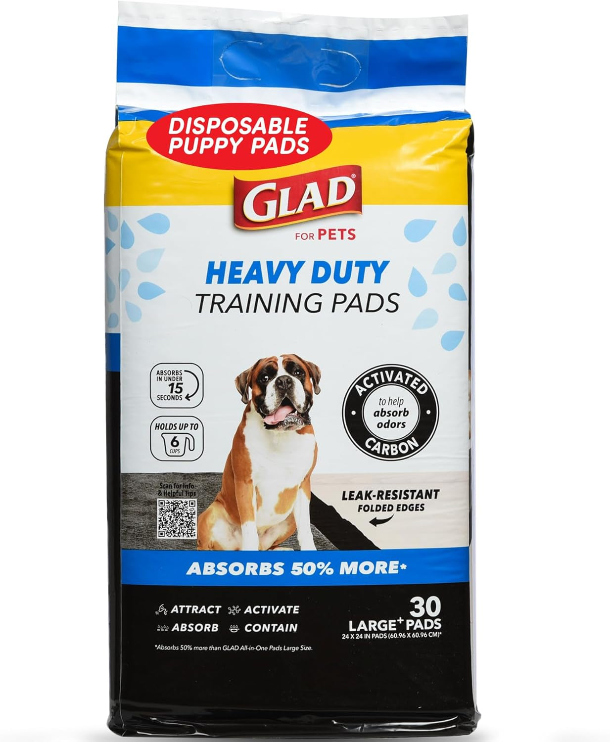 Glad for Pets XL Charcoal Training Pads, Activated Carbon Odor Control with Heavy Duty Leak-Resistant Layers, Quick-Dry Quilted Top Surface, Indoor Potty and Crate Liner, 24 X 24 In, 30 Count