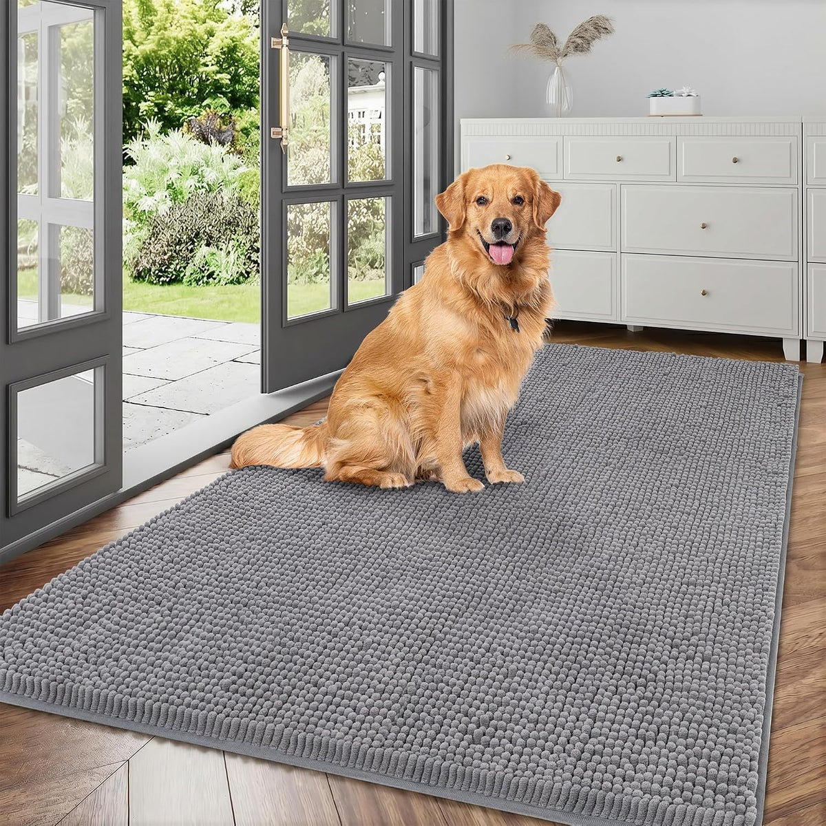 Dog Door Mat for Muddy Paws, 48" X 36" Ultra Absorbent Chenille Mud Mat for Dogs, Trap Dirt Non-Slip Machine Washable Entry Rug for Indoor Entrance, Grey