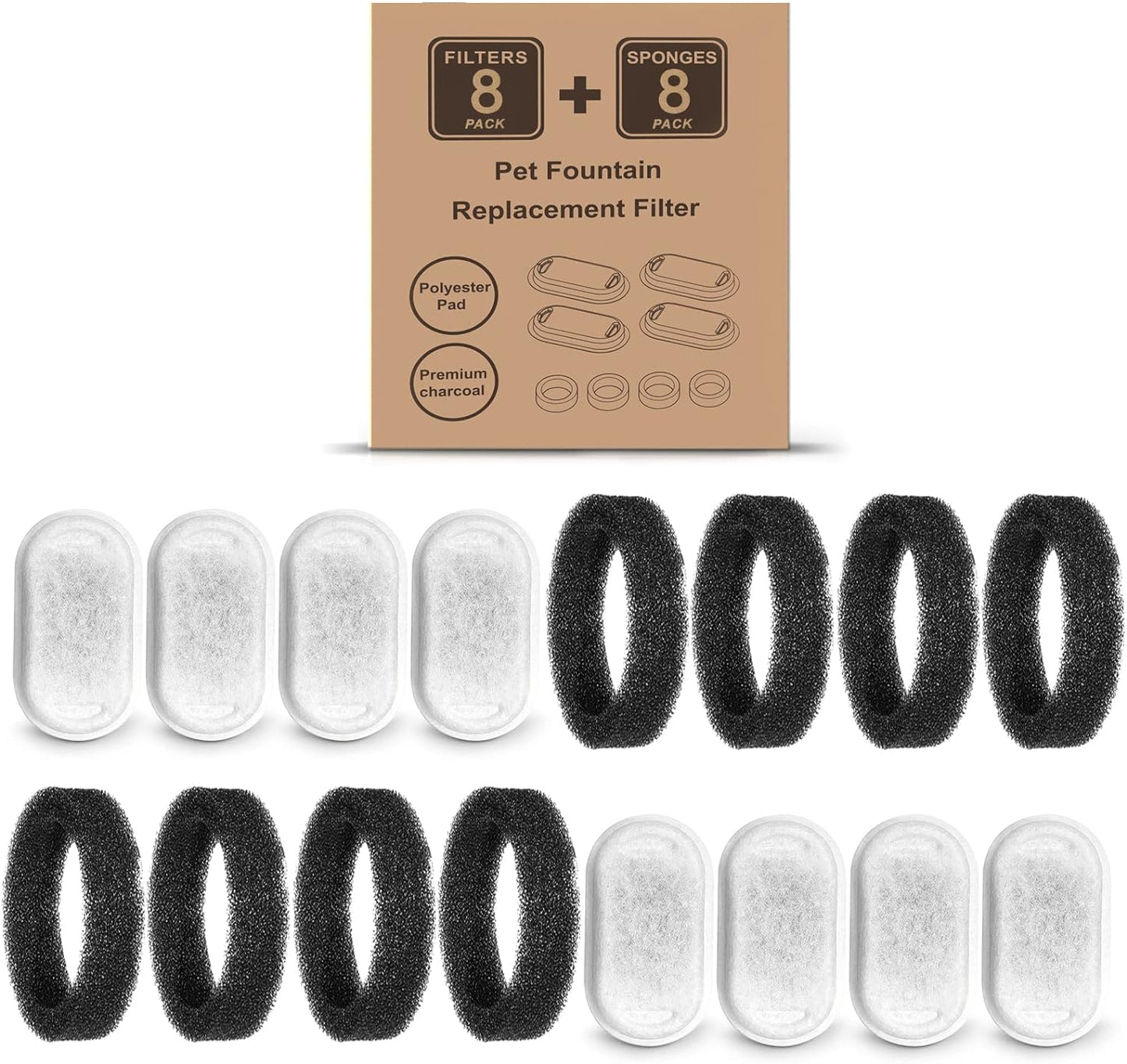 Cat Water Fountain Filters for 108/3.2L& 67Oz/2L Stainless Steel Pet Water Dispenser Fountain Filter Replacement with 8 Sponges (8 Filters&8 Sponges)