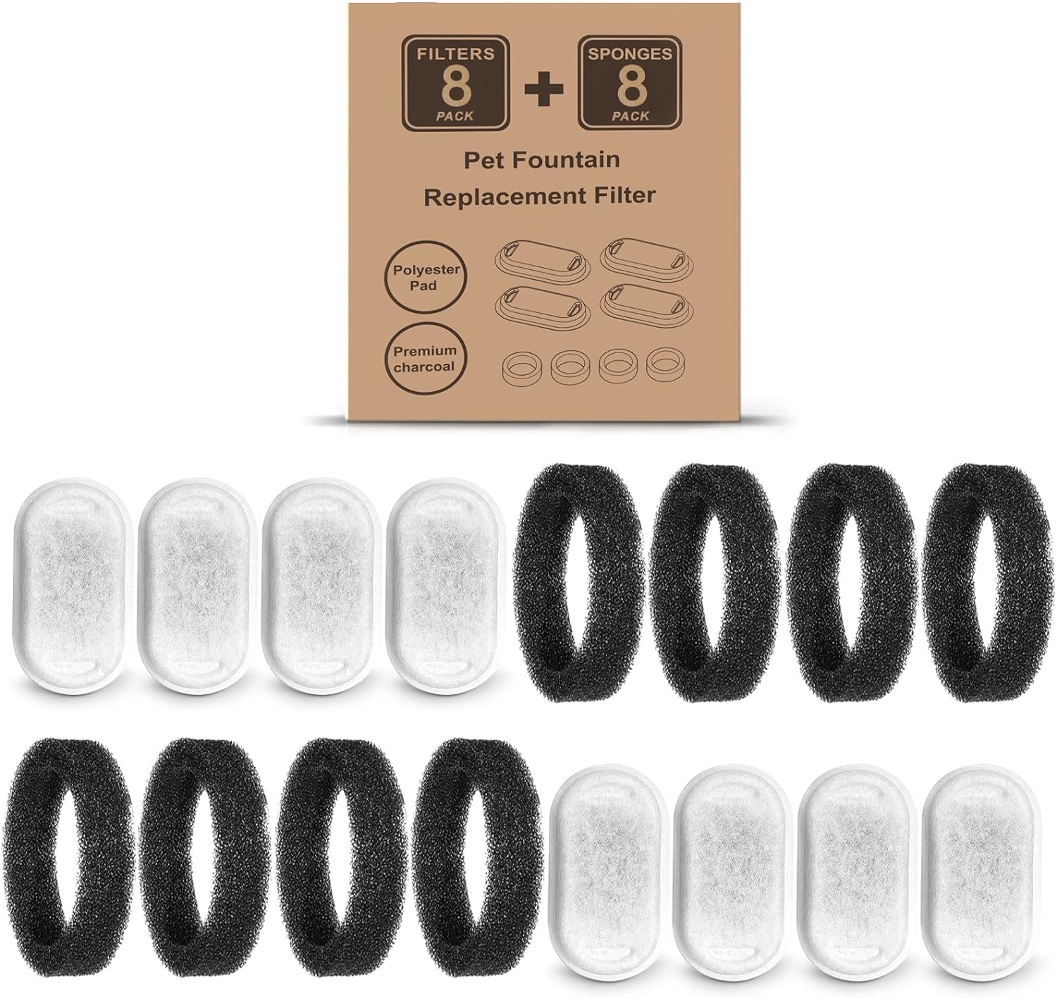 Cat Water Fountain Filters for 108/3.2L& 67Oz/2L Stainless Steel Pet Water Dispenser Fountain Filter Replacement with 8 Sponges (8 Filters&8 Sponges)