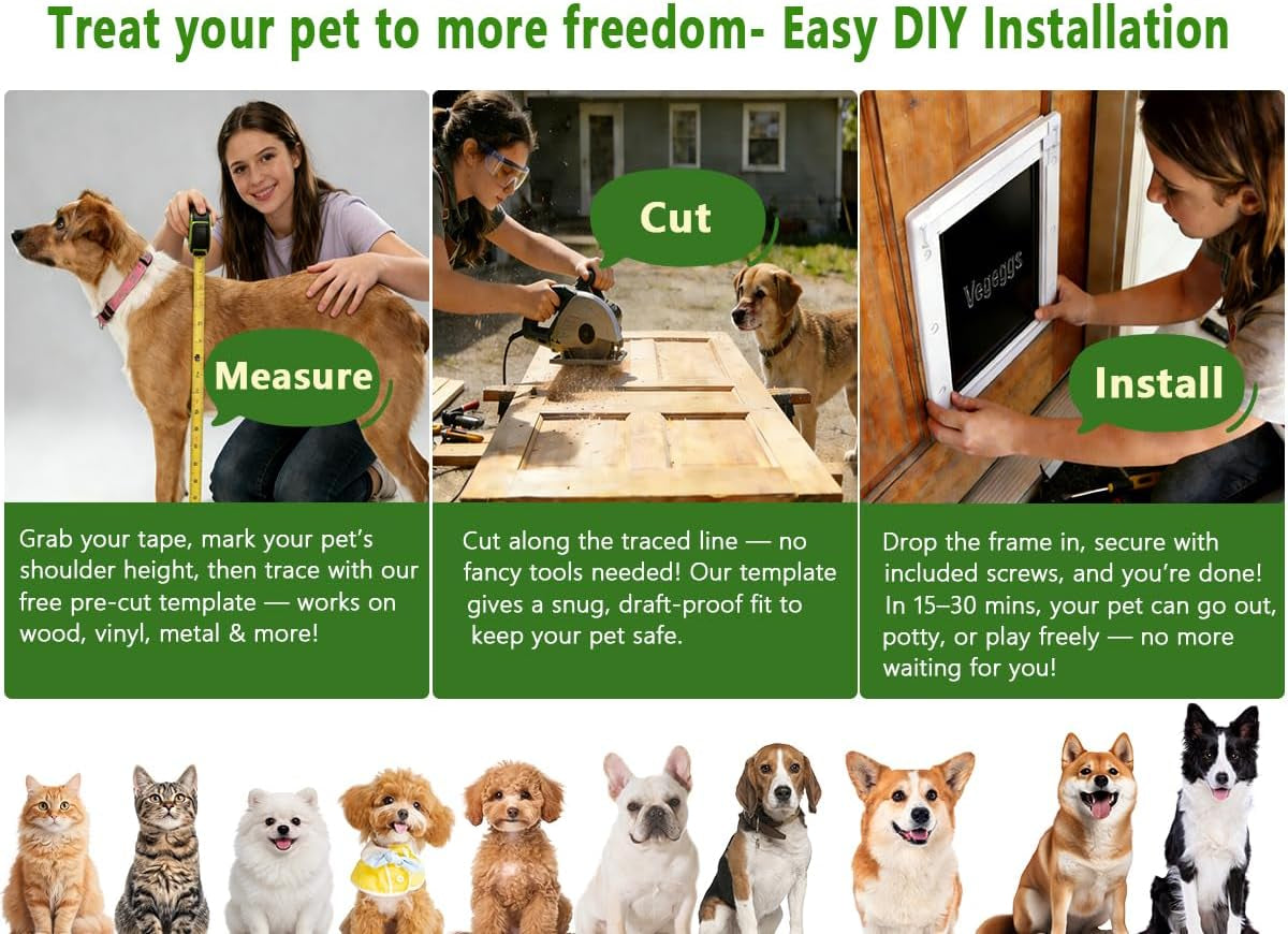 Pet Door Dog Door Easy Install - Wood & PVC Doors & Walls，Cat Door Free Movement & Strong Magnetic Auto-Close & Sliding Lock,Telescoping Frame,5 3/4" X 9 1/3" for Small Dogs Cats up to 15 Lb