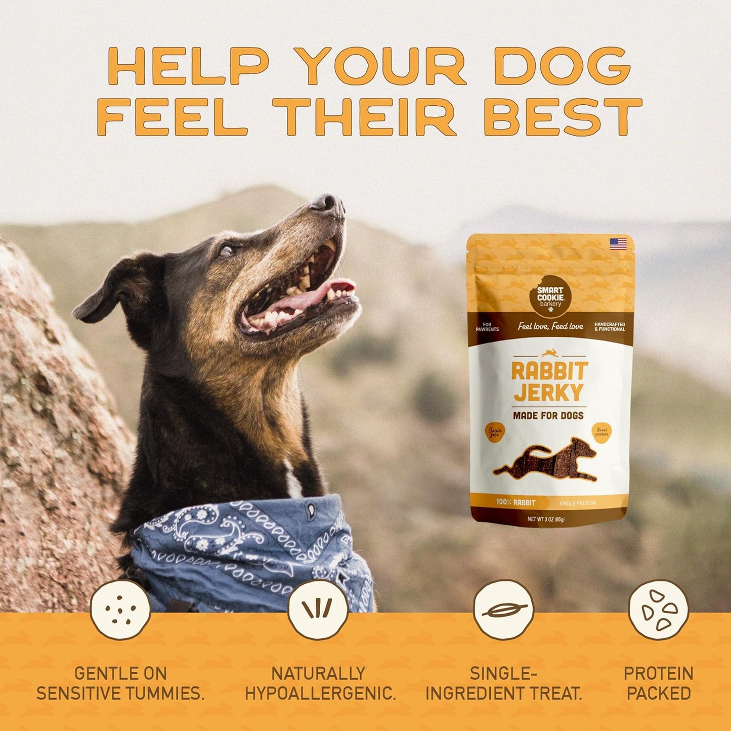 Smart Cookie Single Ingredient Rabbit Jerky Dog Treats - Training Treat Strips for Dogs and Puppies with Allergies, Sensitive Stomachs - Dehydrated, 100% Meat, Grain Free, Made in USA - 3Oz, Pack of 1