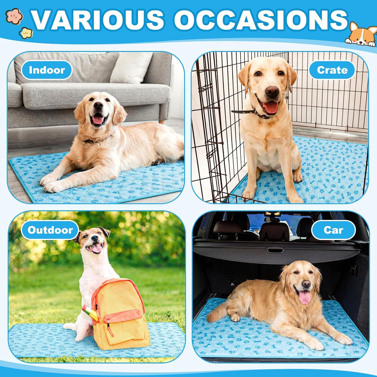 Hahafelt 4 Pack Dog Cooling Mat with Storage Bag 40" X 28" Blue Ice Silk Cooling Mat for Dogs Cats Washable Foldable Pet Sleeping Pad for Crate Bed Indoor and Outdoor Floor