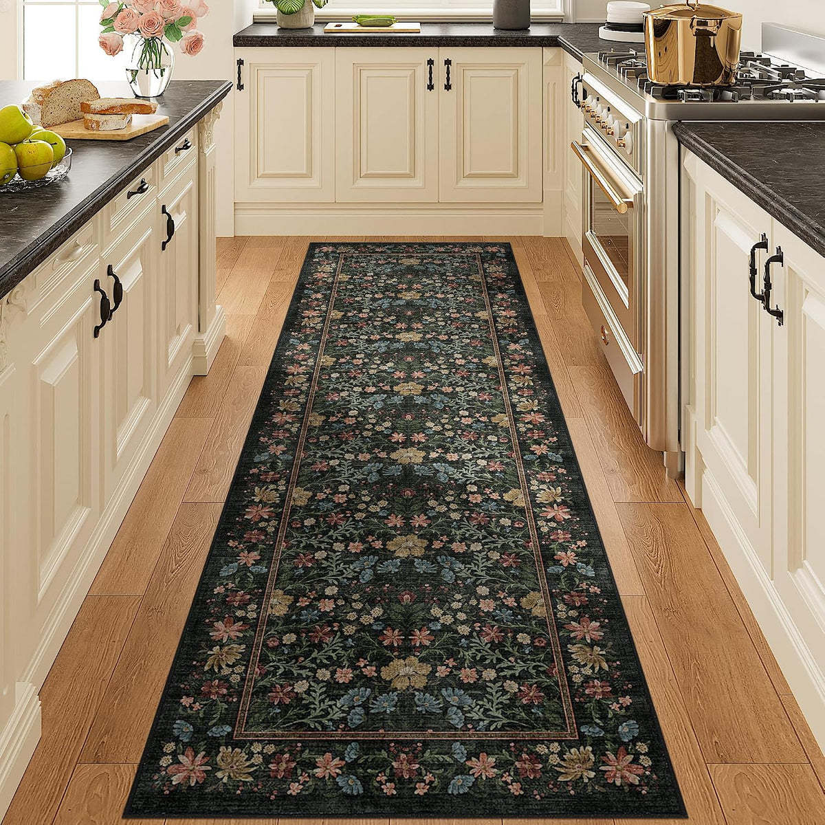 DUKINO 2X6 Runner Rug, Washable Vintage Floral Kitchen Rug, Black