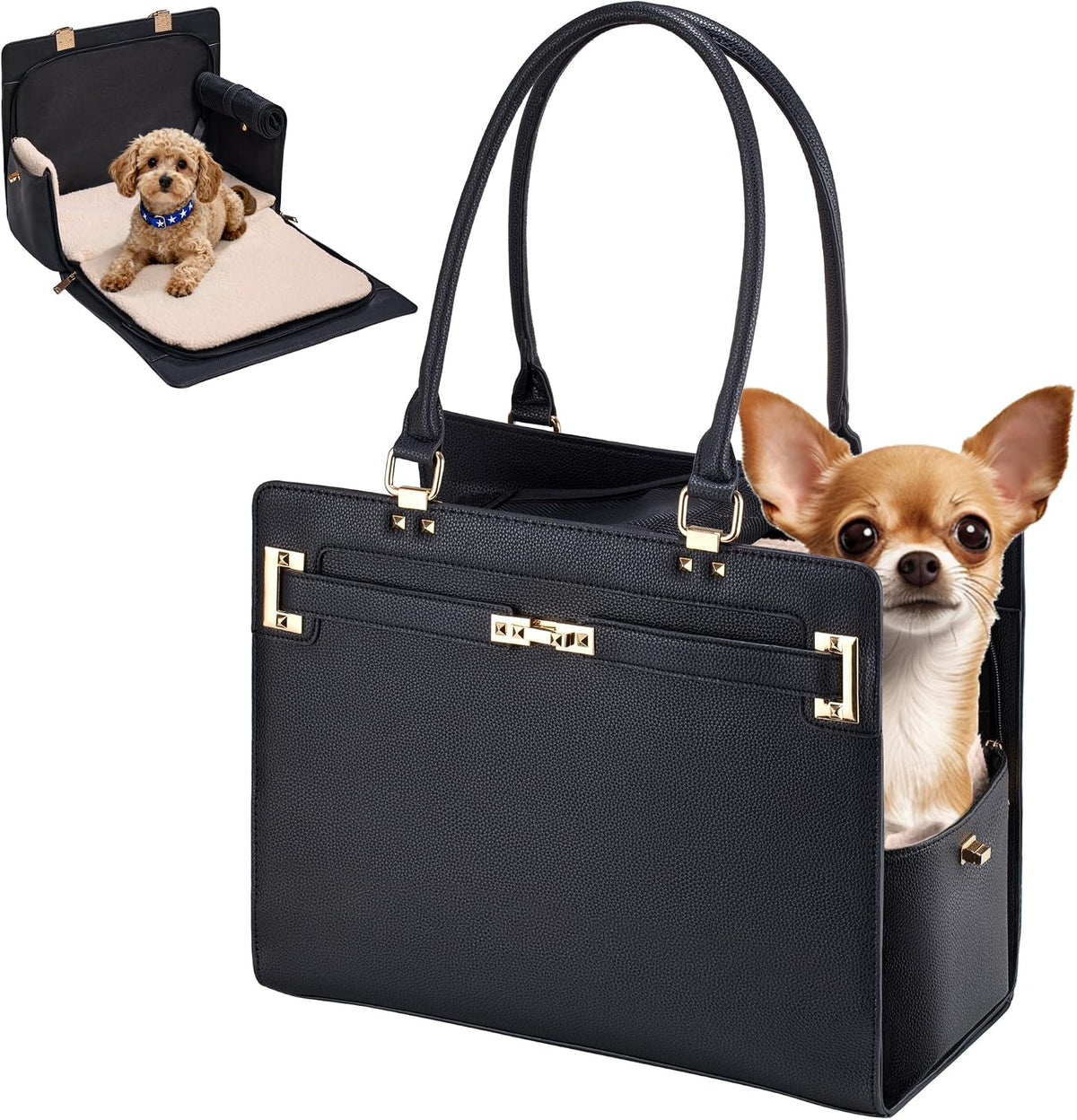Dog Purse Carrier for Small Dogs, Stylish Foldable Pet Carrier Purse Tote Bag with Washable Cushion & Safety Leash, Airline Approved Puppy Travel Bag with Pockets (Black)