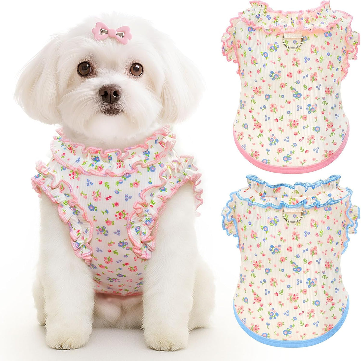 2 Pack Dog Shirt for Small Dogs Breathable Summer Clothes with Ruffled Sleeves Dog Tshirt Stretchy Pet Tee for Puppies Sphynx Cats Kitten Frenchie Dachshund(Pink&Blue,Medium)