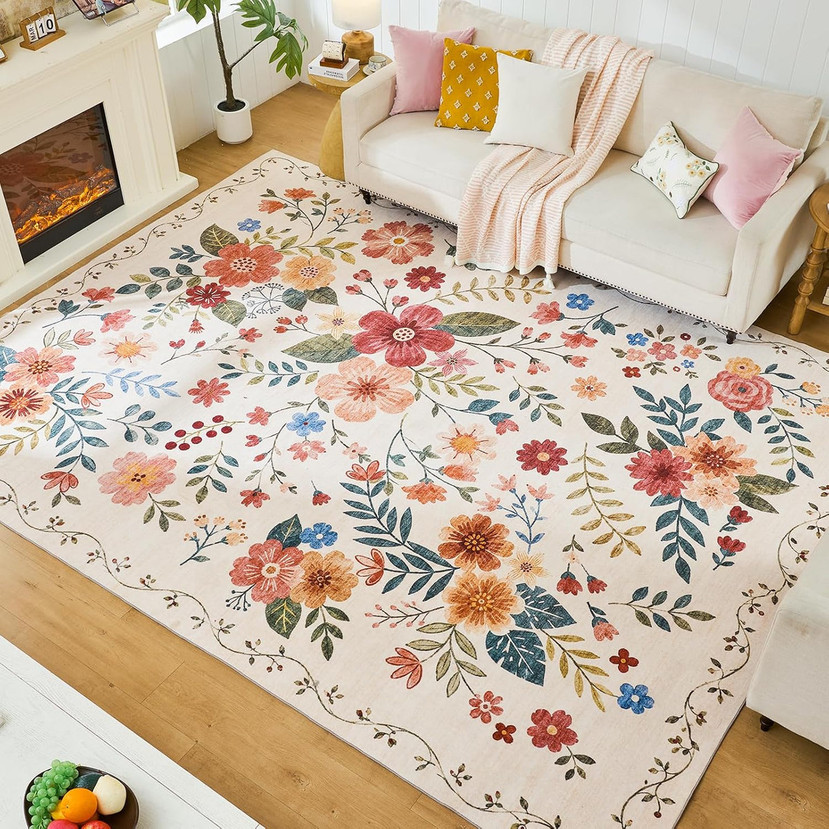JOLLYVOGUE Floral 8X10 Area Rug, Washable Rug for Living Room, Beige
