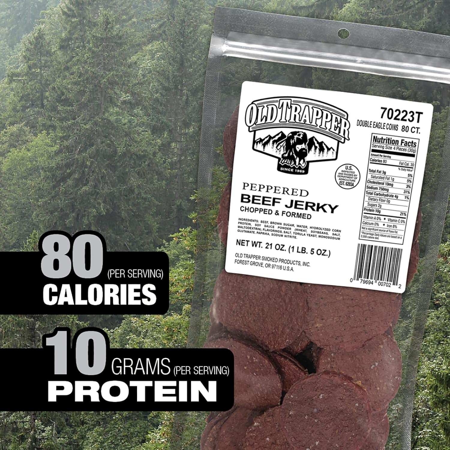 Old Trapper Peppered Double Eagle Beef Jerky | Real Wood Smoked | 10G of Protein | 1 Bag (80 Pieces)