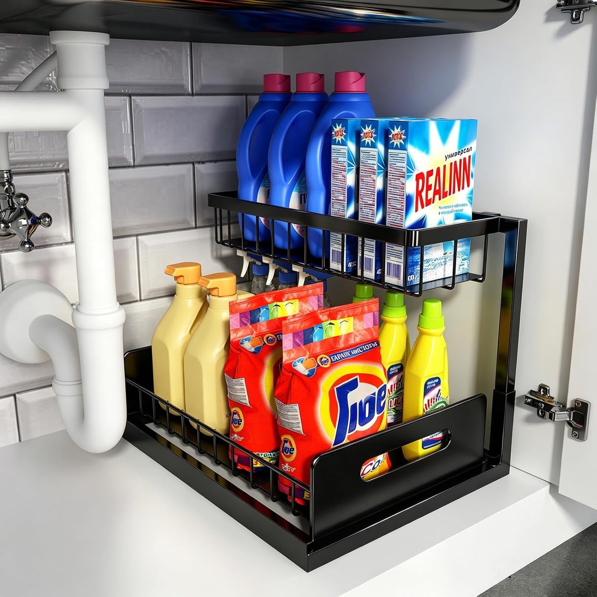 REALINN under Sink Organizer, L-Shaped Pull Out Cabinet Organizer, Kitchen