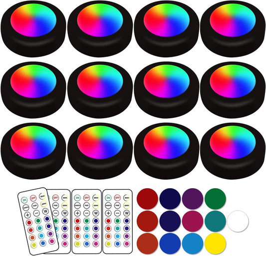 13-Color LED Puck Lights with Remote Control | Wireless Battery-Powered Stick-On under Cabinet Lighting | Dimmable Color Changing Lights with Timer for Kitchen, Closet & Home Decor