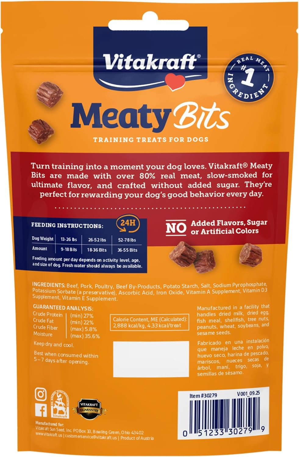 Vitakraft Meatybits Beef, Training Treats for Dogs, Naturally Smoked, Real Meat #1 Ingredient, No Added Sugar, No Artificial Flavors or Colors, Soft Dog Treats, Bag, 2.2 Oz, 7 Count