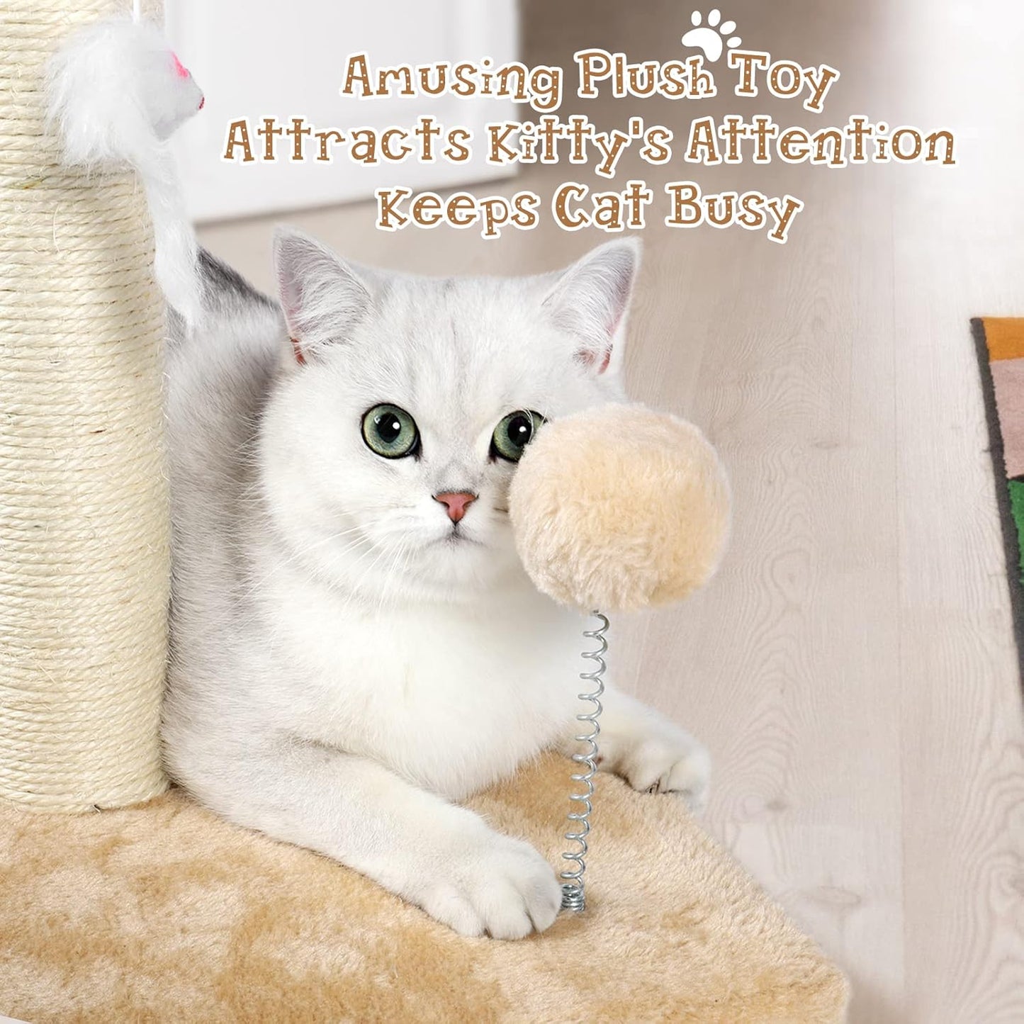 ANWA 32" Tall Cat Scratching Posts for Indoor Cats, 3-In-1 Vertical Cat Scratching Post with Plush Toys, Premium Sisal Post for Cats at All Ages with Reinforced Stable Base, Beige