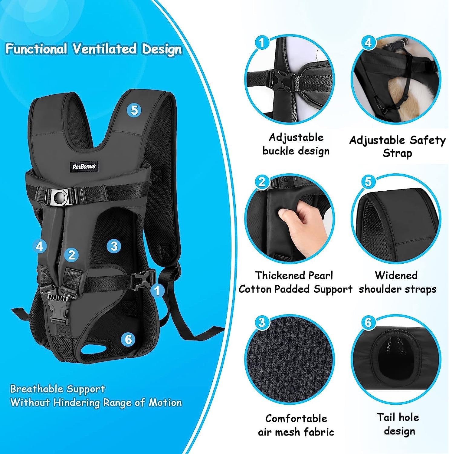 Petbonus Pet Front Dog Carrier Backpacks, Adjustable Pet Backpack, Legs Out Easy-Fit Puppy Chest Carrier for Medium Small Dogs, Hands Free for Hiking, Cycling (Black, L)