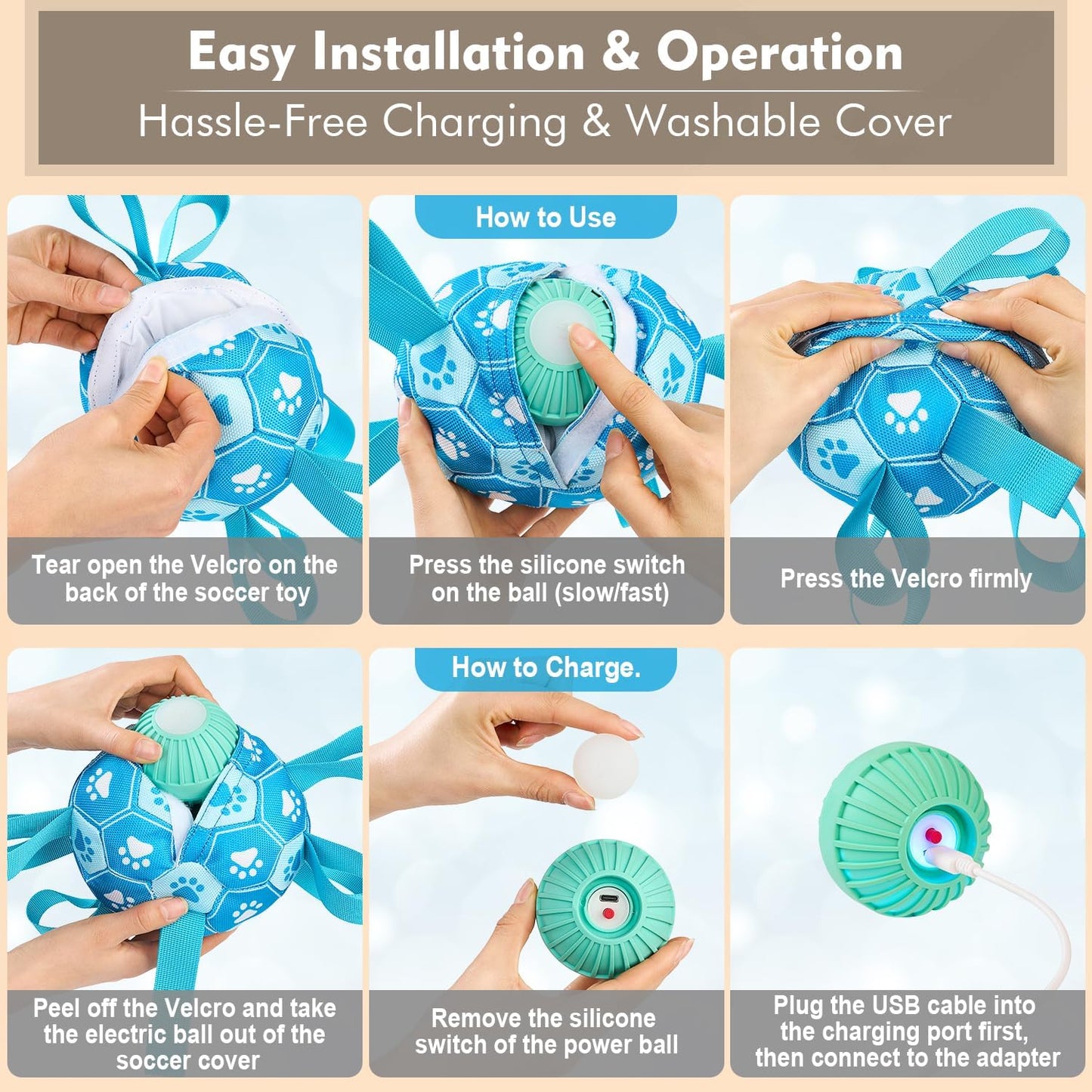 Interactive Dog Toys Dog Soccer Ball to Keep Them Busy,Durable Automatic Moving Jumping Dog Balls with Straps for Small/Medium/Large Dogs, USB Rechargeable,Not for Aggressive Chewers (Blue)