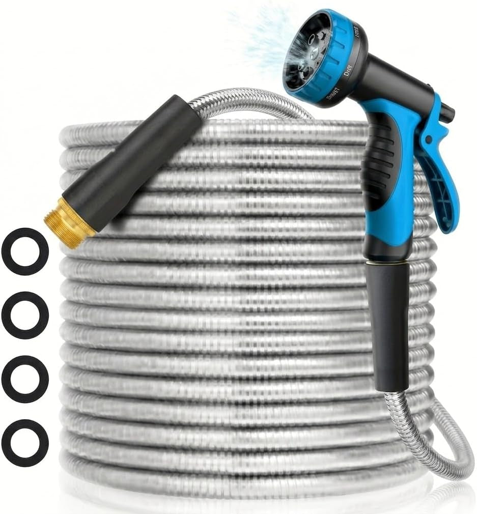 50Ft Water Hose, Non Kinking Stainless Steel Hose, Kink Free Flexible 50 Foot Metal Hose for outside Yard Backyard Lawn, Burst Proof with 10-Pattern Nozzle