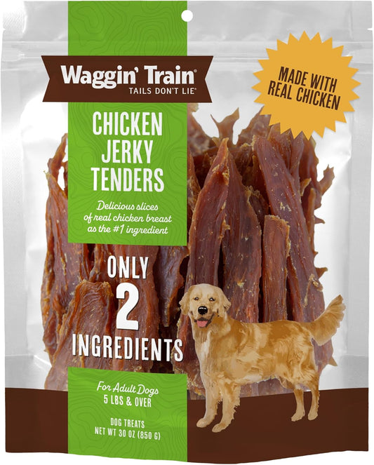 Waggin' Train Chicken Jerky Dog Treats, Made with 100% Real Chicken Breasts, Only Two All-Natural Ingredients, Great High Protein Dog Treat, Easily Digestible for Big or Small Dogs, 30 Oz. Pouch
