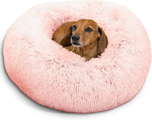 Best Friends by Sheri the Original Calming Donut Dog Bed for Small Dogs up to 25 Lbs, Shag Faux Fur, Cotton Candy Pink, 23" X 23"