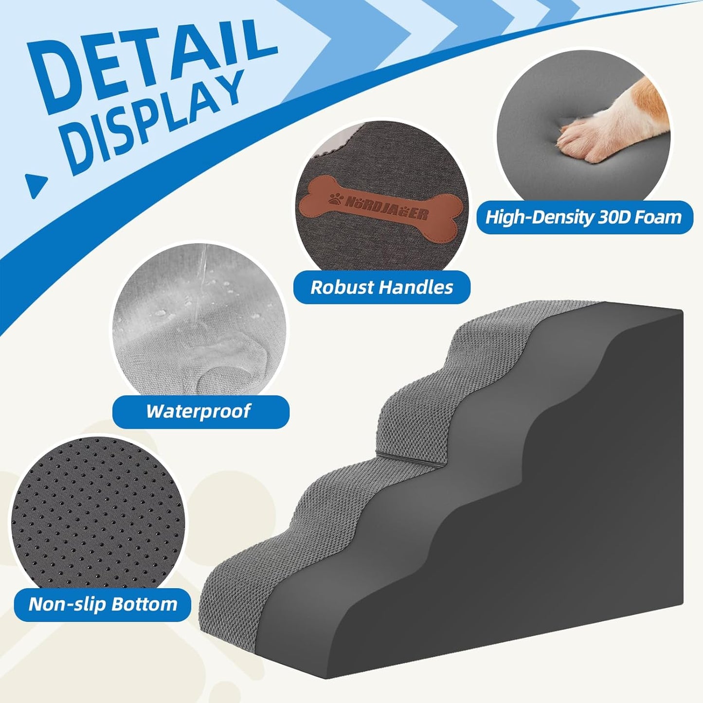 Dog Stairs 4 Steps for Small Dogs and Cats to Get on High Beds, Couch or Car, Pets Can Climb, Sit, Lie down or Perch to Look Out Windows on the Spliceable Ramp, Provides Support, Grey（19" H）
