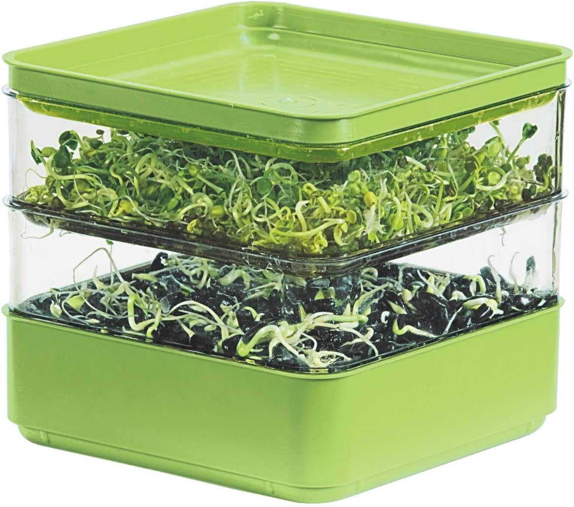 GARDENS ALIVE! Seed Sprouter Kit, Two Tier Stackable Seedling Starter Tray with Lid, Microgreens Propagator Mini Plant Grow Trays, Germinate Seeds Indoors, Healthy Snacks, Bean Sprouts, Soil Free