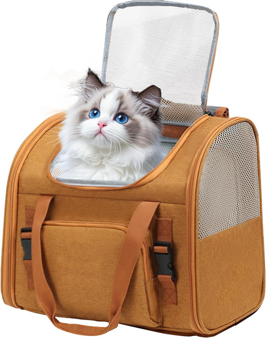 Cat Carrier Backpack, Airline Approved Expandable Pet Carrier, Breathable Mesh Backpack for Small Dogs & Medium Cats Hiking Camping Travel (Brown)
