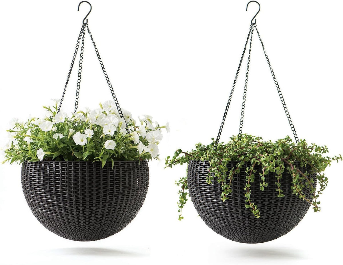 Keter Resin Rattan Set of 2 round Hanging Planter Baskets for Indoor and Outdoor Plants-Perfect for Porches and Patio Decor, Graphite