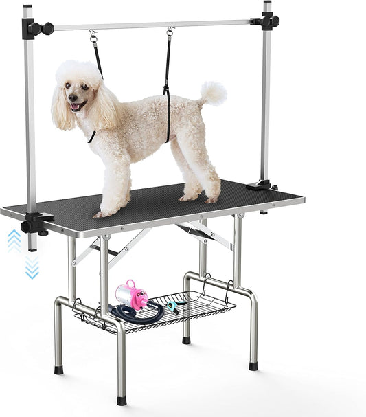 Lyromix 36''Large Dog Grooming Table, Adjustable Cat Drying Desktop with Arms, Nooses, Mesh Tray, Foldable Pet Station at Home, Maximum Capacity up to 330Lb, 36Inch, Black