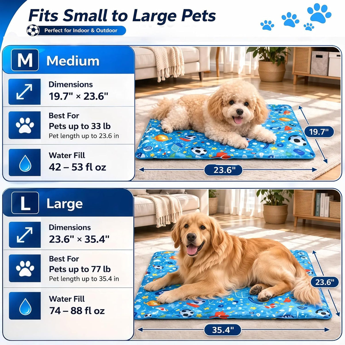 Dog Cooling Mat, Water-Activated Gel Ice Pad for Dogs&Cats, Self-Cooling Mat Soccer Fan Dog Gifts, Waterproof Wipe-Clean, Soccer-Themed Summer Beds for Outdoor&Indoor Large/Medium/Small Pets