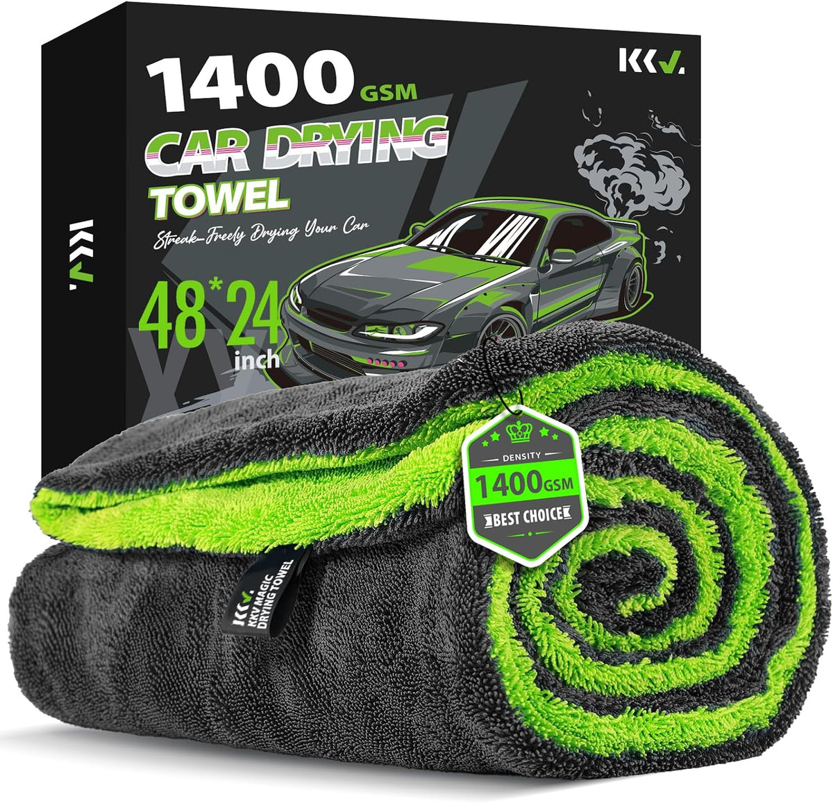 KKV Full-Sized SUV Drying Towel, 48”X24” Dual Sided Microfiber Car Cleaning Towel with Twisting Yarn Technique, 1400GSM Super Absorbent, Scratch-Free, Machine Washable (Darkgray-Greenyellow)