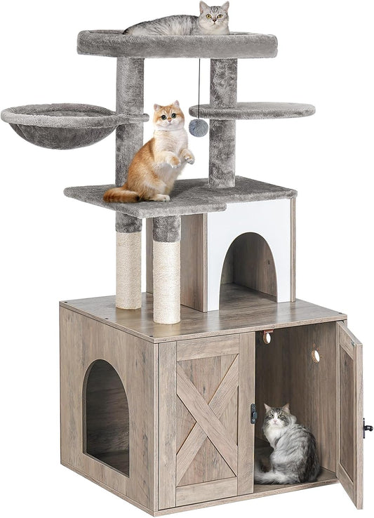 Snughome Cat Litter Box Enclosure with Tree Tower and Condo, Hidden Washroom Furniture with Sisal Scratching Post and Soft Plush Perch, Wooden Cat Furniture with Multiple Platforms, Grey