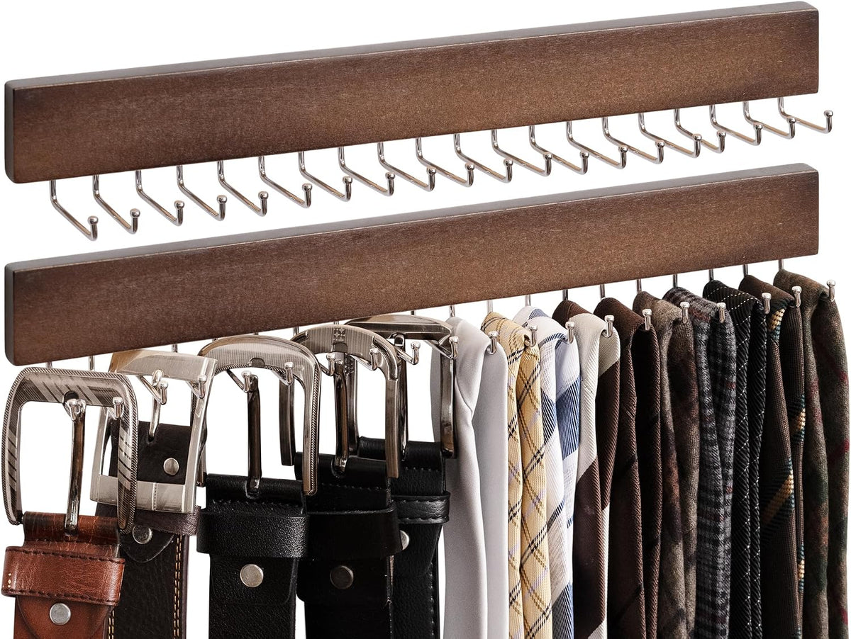 Storageworks Tie Rack with 20 Hooks, 2 Set Wall Mounted Wood Hanger, Walunt