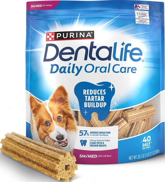Dentalife Daily Oral Care Dog Treats for Small and Medium Dogs, Chewy Dental Treat to Freshen Breath and Fight Tartar, Chicken Flavor - 40 Ct. Pouch