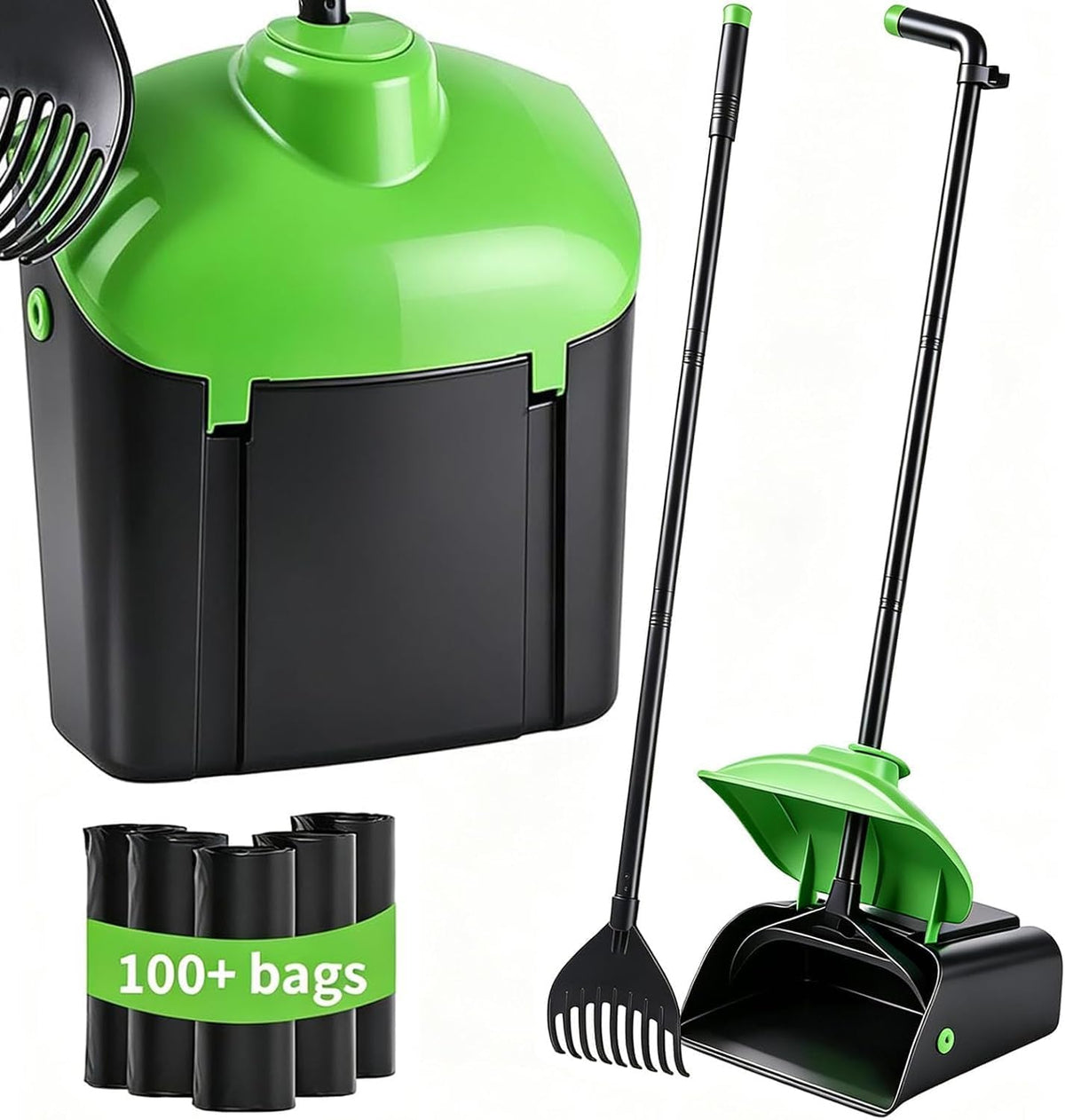 Ienjoyed 40" Tall Dog Pooper Scooper with 100 Bags Attachment, Large Capacity Swivel Bin and Rake Metal Pole, Long Handle Pooper Scooper for Large Dogs, Dog Poop Scoop for Yard (Green)