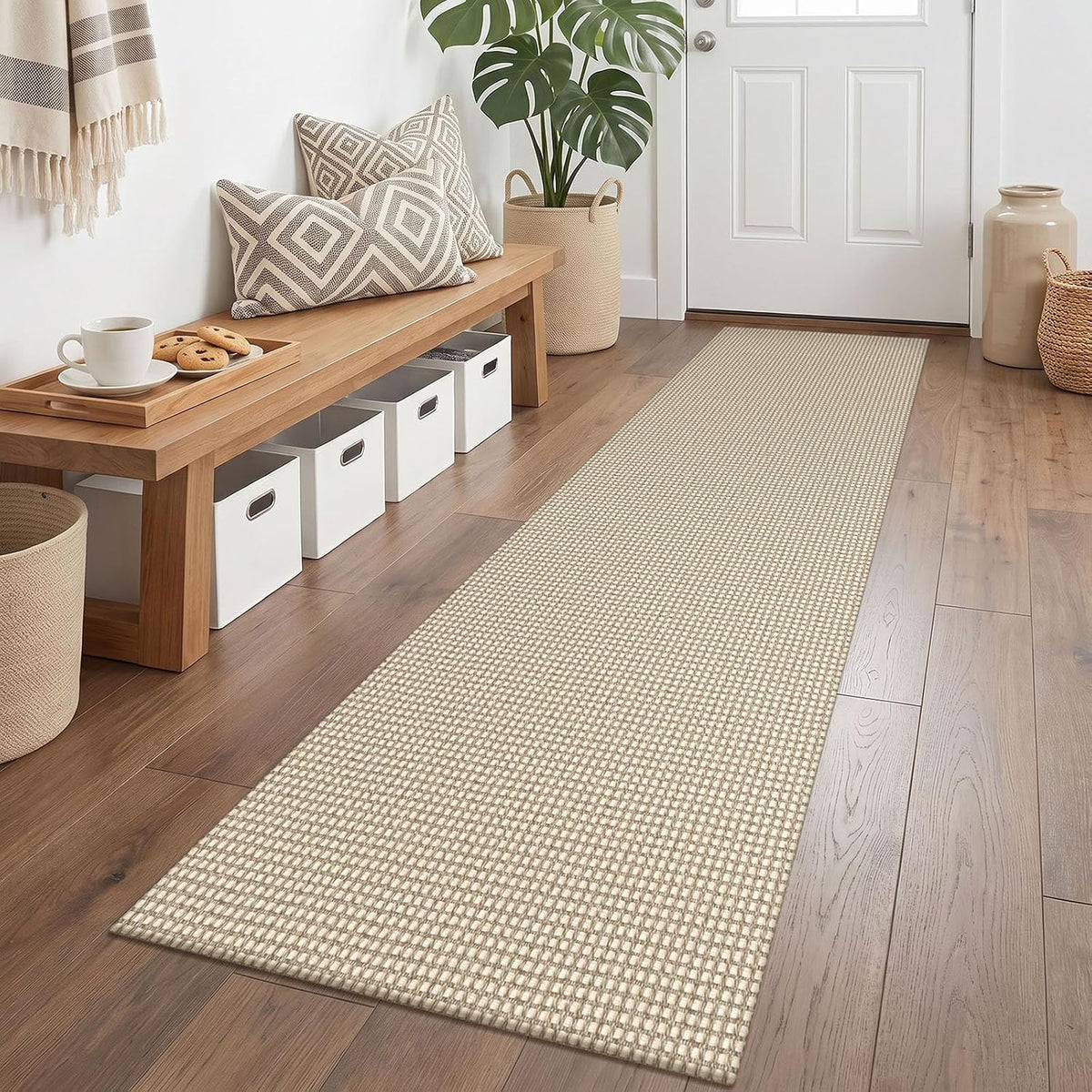 KOZYFLY Runners for Hallways 2X6 Ft Washable Kitchen Runner Non Slip Rubber Backed Hall Runners Cotton Entryway Runner Rugs for Indoor Backdoor Bedroom Kitchen, Oatmeal Beige