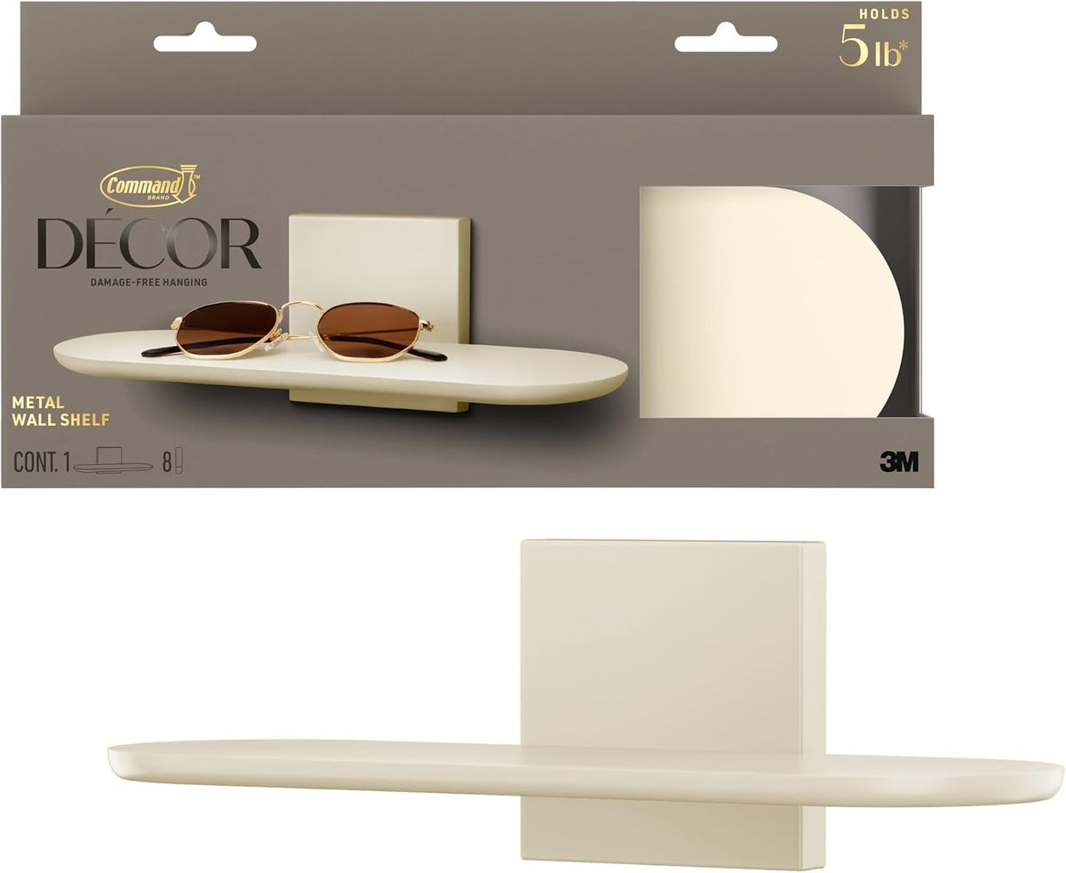 Command DÉCOR Metal Wall Shelf, Light Beige, Damage Free Wall Shelf, No Tools, Great for Keys, Sunglasses and Accessories, 1 Shelf, 8 Large Strips