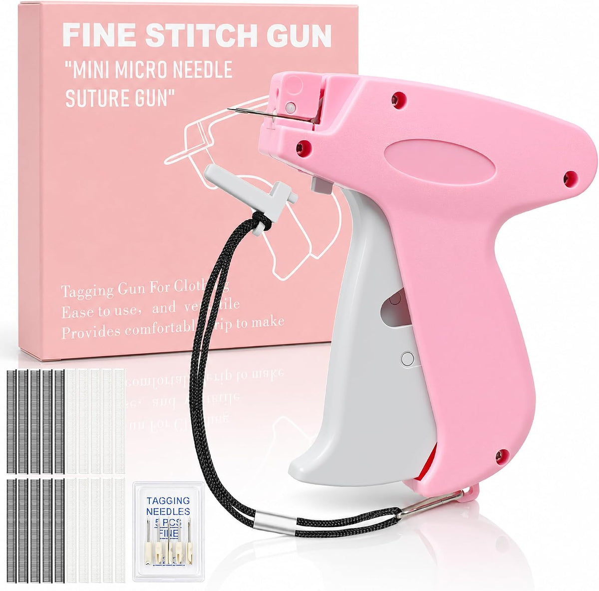 Stitch Gun for Clothes, Pink‑Gray Handheld Quick Clothing Fixer, Sewing Kit with 1000 Black & 1000 White Fasteners, 6 Needles, Tagging Gun for Clothing Repair & DIY