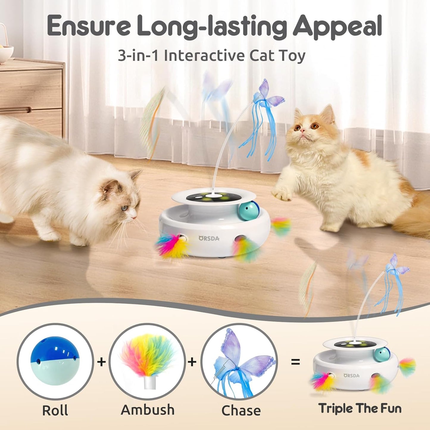 ORSDA Cat Toy, 3-In-1 Automatic Interactive Electronic Moving Ambush Feather, Fluttering Butterfly, Track Balls, USB Rechargeable Powered Smart Indoor Exercise Kicker