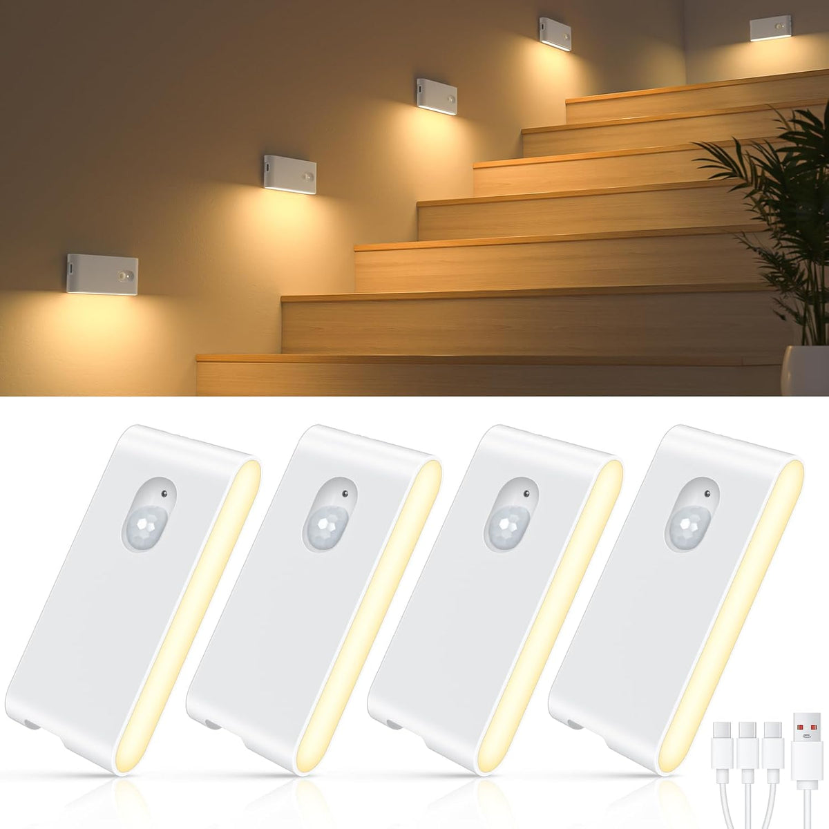 WILLED Stair Lights Indoor,Warm White Rechargeable Night Light,Wireless Motion Sensor Night Light,Battery Stick on Lights for Stairway,Hallway,Kitchen,Closet,Cabinet,Bedroom,Kids' Room(4-Pack)
