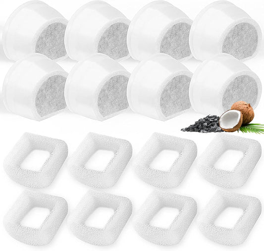 16 Pack Cat Water Fountain Filters Replacement, 8 Carbon Filters and 8 Foam Sponge Pre-Filter Fit for Multiple Ceramic and Stainless Steel Pet Fountains
