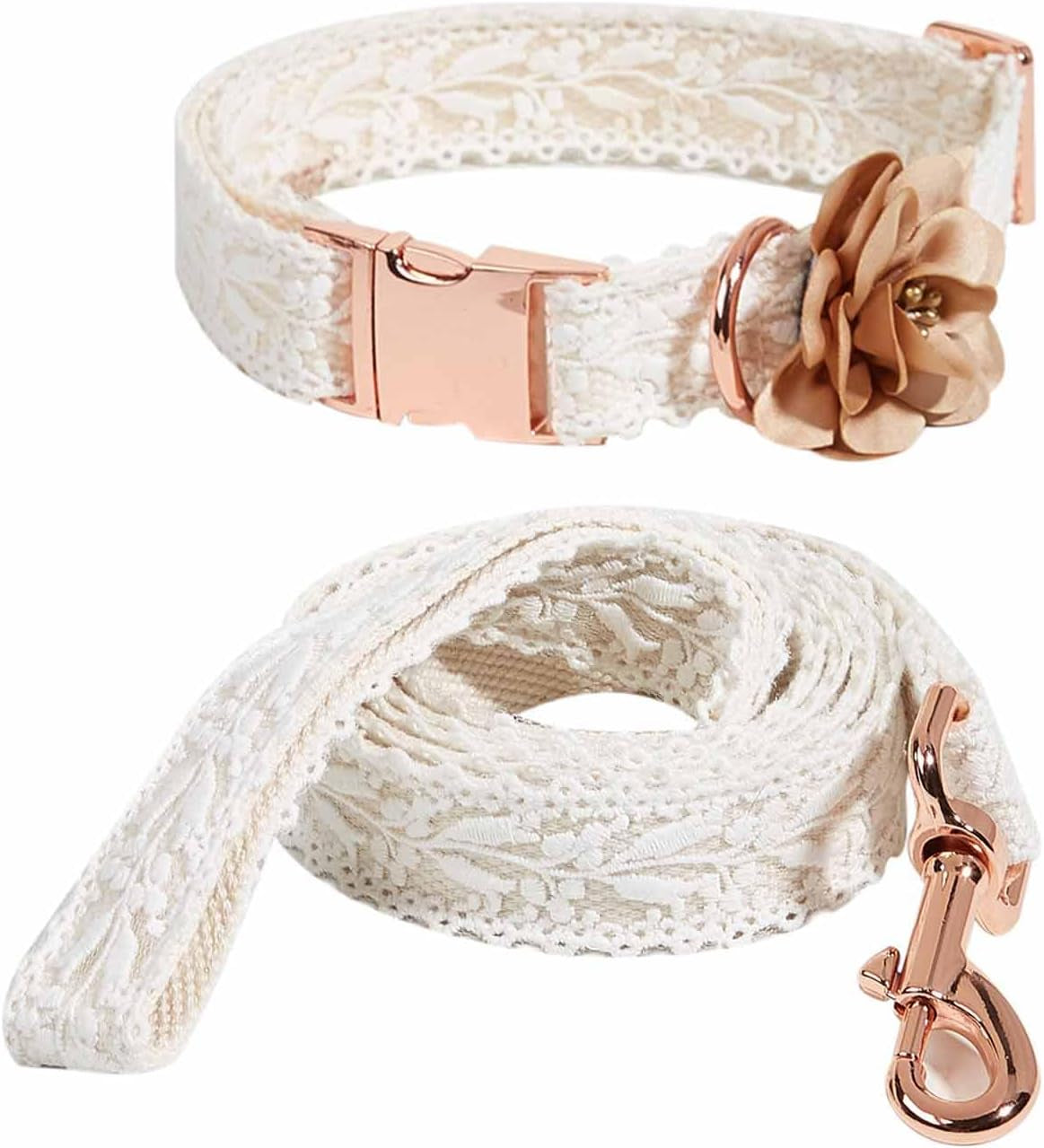 Dog Collar and Leash Set for Large Dogs Unique Soft Leather White Dog Wedding Collar with Flower Stylish Rose Gold Heavy Duty Metal Buckle Leash and Collar for Dogs Birthday Pet Outfit (White,L)