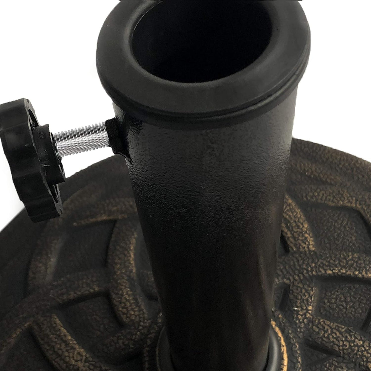 Backyard Expressions round Heavy Duty Patio Umbrella Base – Weather Resistant Calcium Carbonate Resin with Bronze Weave Design – Fits 1.5" to 2" Poles, Easy Assembly, UV & Fade Resistant