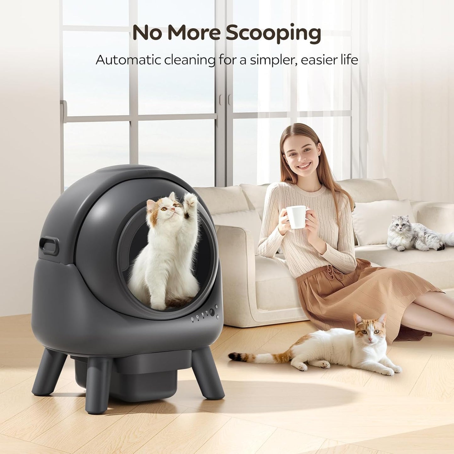 Automatic Litter Box, Self Cleaning Litter Box for Multiple Cats, Smart APP Control & Dual Safety Sensors, 15-Day Large Capacity Waste Bin, Odor Control, Includes Trash Bags,Gray