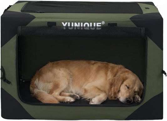 Yuniqueportable Travel Dog Crate, Soft Pet Kennel with Durable Mesh Windows for Small and Medium Dogs, Foldable Dog Cage with Storage Pocket for Outdoor (Olive Green, XL)